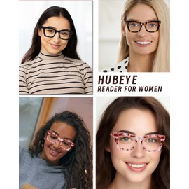 Hubeye - Anteojos de lectura 1.50 estilo Oprah para mujeres y hombres, con bloqueo de luz azul, diseño cuadrados con bisagra de resorte, 3 unidades con estuche para anteojos