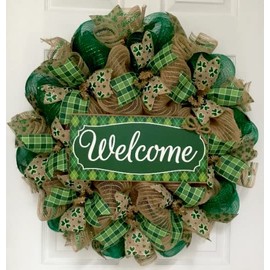 Irish Welcome Wreath St Patrick’s Day or All Occasion Handmade Deco Mesh Available in 24 inch and 28 inch diameters
