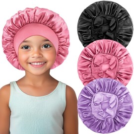 PIEMEET 3PCS Kids Bonnets for Girls, Satin Baby Bonnet for Sleeping, Soft Wide Band Silk Bonnet for Kid, Breathable Kids Satin Bonnets Child Sleep Cap for Toddler Teens Natural Hair(Purple,Pink,Black)