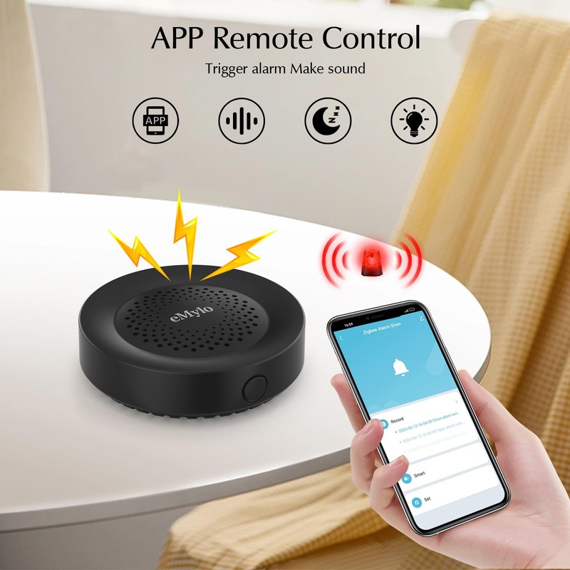 eMylo Zigbee Alarm, Black Alarm, TUYA/SmartLife APP Control, Sound and