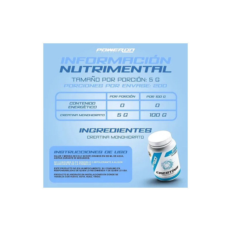 Creatina Monohidratada Power On 200 Servicios 1kg 0% Carbs