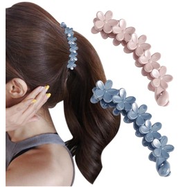 Herbeluemily Banana Clip, Hair Ornament, Hair Clip, Barrette, Flower, Hair Clip, Dull Color Set, F, Pink + Navy