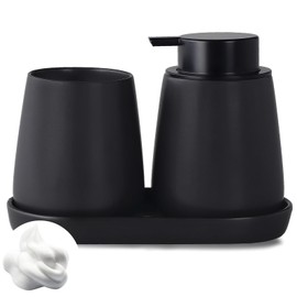 Eyrozia Matte Black Bathroom Accessory Set - 3pcs Ceramic Soap Dispenser Set Vanity Countertop Accessories Set, includes Refillable Foaming Hand Soap Dispenser, Toothbrush Holder and Tray (Foam Pump)