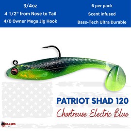 USA Bass Tackle Patriot Shad - Scent Infused Paddle Tail Swimbaits Pre Rigged Fishing Lures Premium Bait with Strong Owner Hook, Fishing Gear for Bass Freshwater Predator Fish - Chart Electric Blue