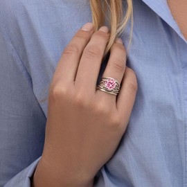 JEAN RACHEL JEWELRY 925 Sterling Silver Ring - Wrap Vintage Design with Prong Set Round Cubic Zirconia - Hypoallergenic, Lead & Nickel Free - Artisan Handcrafted Statement Rings for Women, Pink