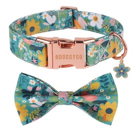 ADOGGYGO Floral Dog Collar with Bow Tie, Detachable Green Flower Bowtie, Metal Buckle, Adjustable Floral Collars for Medium Dogs Boy Girl (Medium)