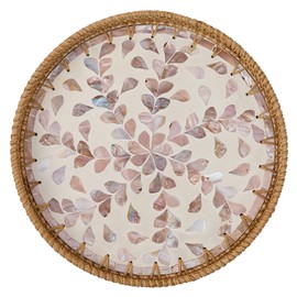 Round Rattan Tray for Home Decor 11.8 inch, Modern and Boho Decor Serving Tray with Mother of Pearl Inlay, Wicker Basket for Coffee Table, Hand Woven Decorative Tray Plates (Gold)