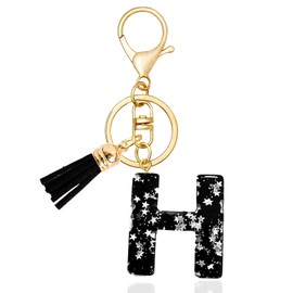AYYSHULAN Cute Black Key Chains Bag Charms Initial Letter Star Keyring with Tassel for Women Girls Purse Handbags Backpacks,H