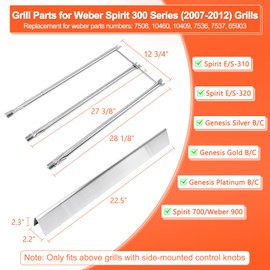 QuliMetal 7536 7508 Grill Replacement for Weber Genesis Silver B/C Gold B/C, Spirit 700, Spirit E-310, E-320 (2007-2012) Side Control Grills, 28 1/8" SUS304 Burner Tube, 22.5" Grill Flavorizer Bars