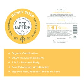 Bee Nature - Exfoliating soap with soap box - organic honey + exfoliating glove grey - face and body - ingrown hair - 100 g