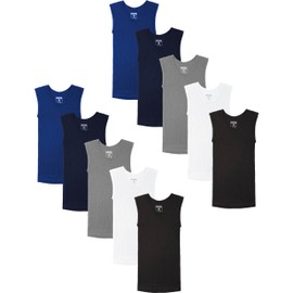 Andrew Scott Boys' Muscle Tank Top | Cotton Color Sleeveless Crew Neck Undershirts -Pack of 10 (US, Alpha, Large, Regular, 10 Pack-Black | Grey | Navy | White | Royal Blue)
