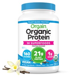 Orgain Organic Vegan Protein + 50 Superfoods Powder, Vanilla Bean - 21g Plant Based Protein, 8g Prebiotic Fiber, No Lactose Ingredients, Gluten Free, No Added Sugar, Non-GMO, 2.02 lb