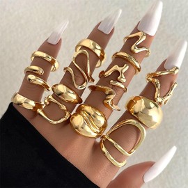 15Pcs Stackable Melting Gold Twisted Knuckle Ring Set for Women Exaggerated Large Hollow Melted Twisting Open Rings Pack Chunky Hip Hop Jewelry Gifts (Gold)