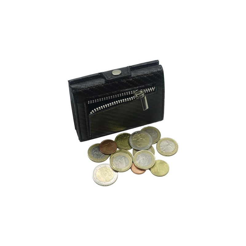 Slim Wallet Deluxe, Carbon leather black with coin compartment small,