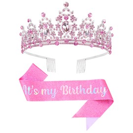 Papoopy Birthday Tiara and Crown with Sash, Birthday Tiara for Women Birthday Party (Pink)
