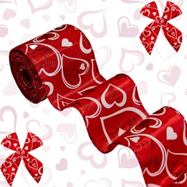 Valentines Fabric Ribbons, Red Glitter Love Heart Edge Wired Burlap Ribbon for Valentine's Day Hanging Wrapping Party Gift Decoration Indoor Outdoor Tree Crafts Supplies 2.5 Inch * 10 Yards * 1 Roll