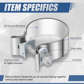 Auto Dynasty 2 Inches ID Narrow Band Exhaust Muffler Seal Clamps Sleeve, Universal Use for 2" Outer Diameter Pipe - Stainless Steel (Pack of 2)