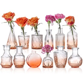 BIGIVACA Glass Bud Vases Set of 12,Small Gradual Orange Bud Vases in Bulk,Vintage Flower Vases for Centerpieces,Rustic Wedding,Home,Table Decor