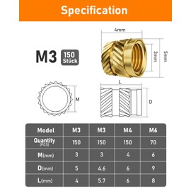 HOLMOL Threaded Insert Set of 150 Brass Melting Thread M3 x 4 x 5 mm for Plastic, Knurled Insert Nuts for 3D Printing Accessories and DIY Projects, Thread Inserts with Tweezers