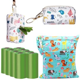 Baby Disposable Diaper Bags Diaper Sacks (120 Count 9x13 inch) THICK & NO LEAK and Diaper Sacks Dispenser and Waterproof & Washable Diaper Wet Dry Bag (12x14 inch) with 2 Zippered Pockets