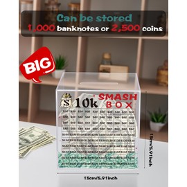 xiheer 10k Smash Box for Money, Large Piggy Bank For Adults 10000 Savings Challenge Box, Money Saving for Cash, Big Unbreakable Clear Acrylic Money Saver Must Break to Open