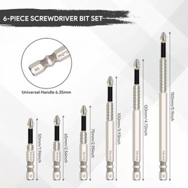 6 Stück High-Magnetic Screwdriver Drill Bit Set, Schrauber Bit Set mit 1/4" Sechskantschaft, Rutschfeste Stoßfeste Schraubendreher Bitset für Elektrobohrer (50 65 75 100 120 150mm)