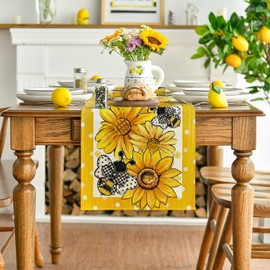 Artoid Mode Yellow Sunflower Bees Spring Table Runner, Seasonal Summer Kitchen Table Decoration, Indoor, Holiday, Party Decor, 40 x 180 cm