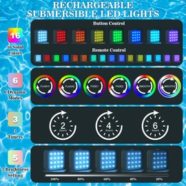 Creatrek Rechargeable Pool Lights with Remote, 16 Color Changing Submersible LED Lights, Waterproof Pool for inground, Ponds, Bathtub Decorations, 1 Pack