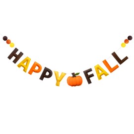 Fall Decorations Pre-Strung Handmade Felt Happy Fall Sign Pumpkin Banner Wool Felt Ball Garland for Autumn Thanksgiving Harvest Nursery Home Wall Decor Birthday Baby Shower Party Decoration Supplies
