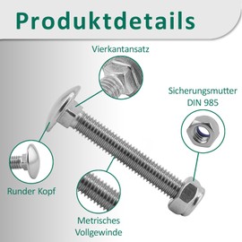 DSM - Carriage Bolts M6 x 90 mm DIN 603 - M6 Locking Nut DIN 985 - A2/V2A Stainless Steel - Square Head Screws - Self-Locking Stop Nuts with Clamping Part - Pack of 2