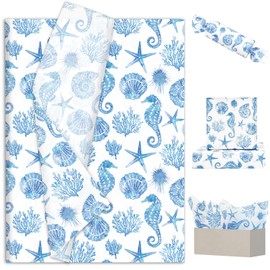 JarThenaAMCS 60 Sheets Ocean Tissue Paper Blue Seahorse Shell Coral Starfish Wrapping Paper Sea Beach Art Paper for Birthday Baby Shower Party DIY Crafts, 14 x 20 Inch