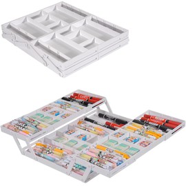 Aobiono Multi Level Smart Drawer Organizer, Multi Tier Expandable Storage Collapsible Foldable Trays for Jewelry, Cosmetics, Makeup, Tools, Battery (White, Double Row - 2 Levels)