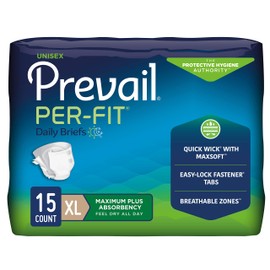 Prevail Per-Fit Incontinence Unisex Briefs with Tabs, Disposable Adult Diaper, Maximum Plus Absorbency, X-Large, 15 Count Bag