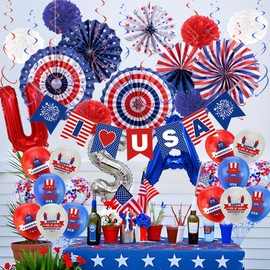 July 4th Party Decoration Set, Patriotic Banner, American Flag Paper Fan, PomPomPoms Flower,, Balloons, American Patriotic Party Independence Day Party Supplies -02