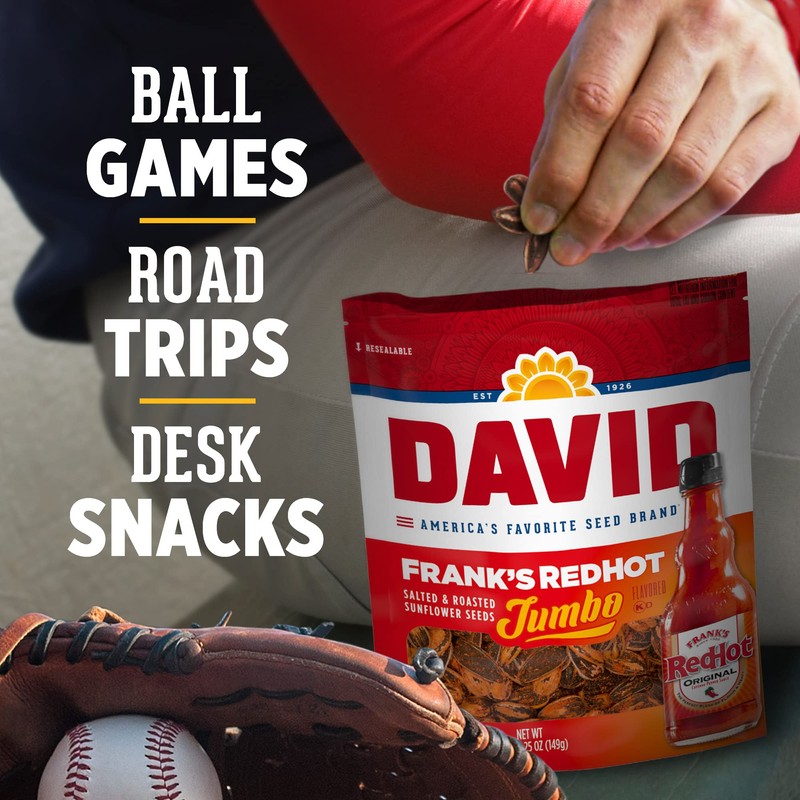 DAVID Frank's RedHot Flavored Salted & Roasted Jumbo Sunflower Seeds,