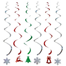 Chanseen 24 Pcs Christmas Hanging Swirls Party Decorations Plastic Snowflakes Spirals Streamers Reindeer Christmas Tree Bell Ceiling Decor for Xmas Office Classroom Home Decoration - Red Green Silver