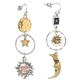 Mabor Sun and Moon Star Dangle Earrings Vintage Statement Earrings Bronze Gothic Asymmetrical Sun Moon Asymmetric Drop Earrings for Women for Cosplay Party Jewelry