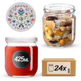 KADAX Jam Jars 425 ml, Preserving Jars with fi82 Screw Lid, Jars with Screw Cap, Preserve Jars, Storage Jars for Jams, Honey (Flowers, Pack of 24)