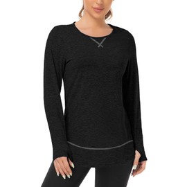 WOWENY Women Fleece Thermal Long Sleeve Workout Shirts Athletic Yoga Gym Tops Loose Fit Quick Dry Running Shirts with Thumb Holes Black M