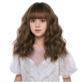 Edivd Light Brown Wig for Kids Girls Short Brown Wig with Air Bangs Child Wavy Curly Wigs Heat Resistant Synthetic Wigs with Cap