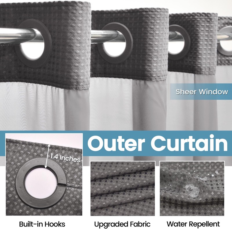 EUTXL Charcoal Grey Stall No Hook Shower Curtain with Snap