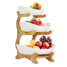 Veloqua 3 Tier Fruit Bowl For Kitchen Counter,Ceramic Fruit Bowl,Large Fruit Basket for Fruit and Vegetable Storage,Fruteros para Cocina,Pottery (White)