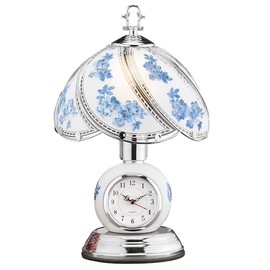 Collections Etc Rose Glass Panel Touch Lamp with Analog Clock - Silver-Toned Base - 3 Levels of Brightness - Glass, Metal - 9"Dia x 14.5"H, 60"L Cord - Blue or Lavender