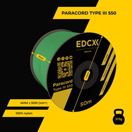 EdcX 4mm Nylon Paracord 550 50m (165 feet) - Type III, 100% Nylon Rope, 7 Strand Rope, 4mm Nylon Rope in Solid Colors (Green, 50 m)