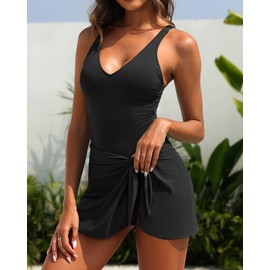 Tempt Me Women Black One Piece Swim Dress 2025 Tummy Control Swimsuit with Skirt Wrap Tie Side Swimdress Bathing Suit M