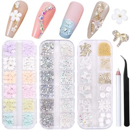 3D Flowers Nail Art Charms Rhinestones Kit - Includes 12Grid 400Pcs Acrylic Flower 1500Pcs AB Nail Rhinestones 200Pcs Acrylic Butterfly Bow Flower Bear Nail Art Charms for Nail Art Craft Decoration