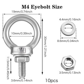 Piriuuo Pack of 10 Eye Bolts M4, Eye Bolts with Nuts, Stainless Steel Eye Bolts, Ring Bolts, Eye Bolts with Washers Eye Bolt for Lifting Accessories for Attaching and Hanging
