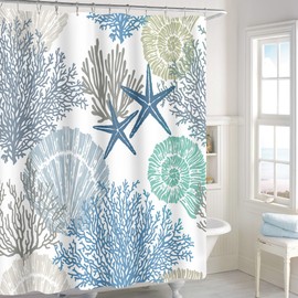 MAYZUS Extra Long Shower Curtain 72 x 96 Inch, Floor to Ceiling X-Long Tall Nautical Coastal Shower Curtain, Seashell Starfish Coral Beach Ocean Themed Shower Curtain for Bathroom Decor, Blue