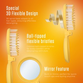 Mini Detangler Travel Hair Brush with Mirror, Makaron Hair Brushes for Women, Men and Kids, Unique 3D Flexible Design for All Hair Types, Styling Accessory, Travel Essentials for Women (YELLOW)