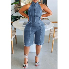 xxxiticat Women's Denim Jumpsuit Sleeveless Front Zipper Up Open Front Halter Neck Open Back One Piece Romper Overalls(LB,3XL)